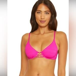 Becca Emory Bright Pink Underwire Bra Bikini Swim Top Beaded Size Large Ribbed